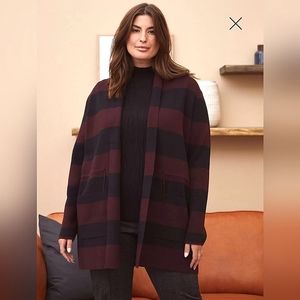 Laura Striped Open-Front Cardigan Sweater in Burgundy and Black with drawstring